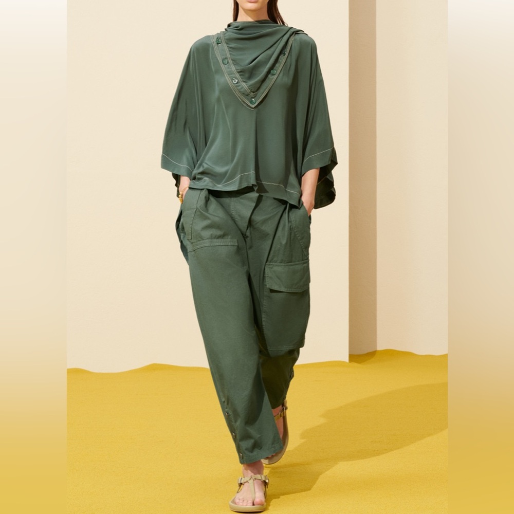 ZARA SRPLS collection wide cropped baggy cargo pants belted cotton dark green S